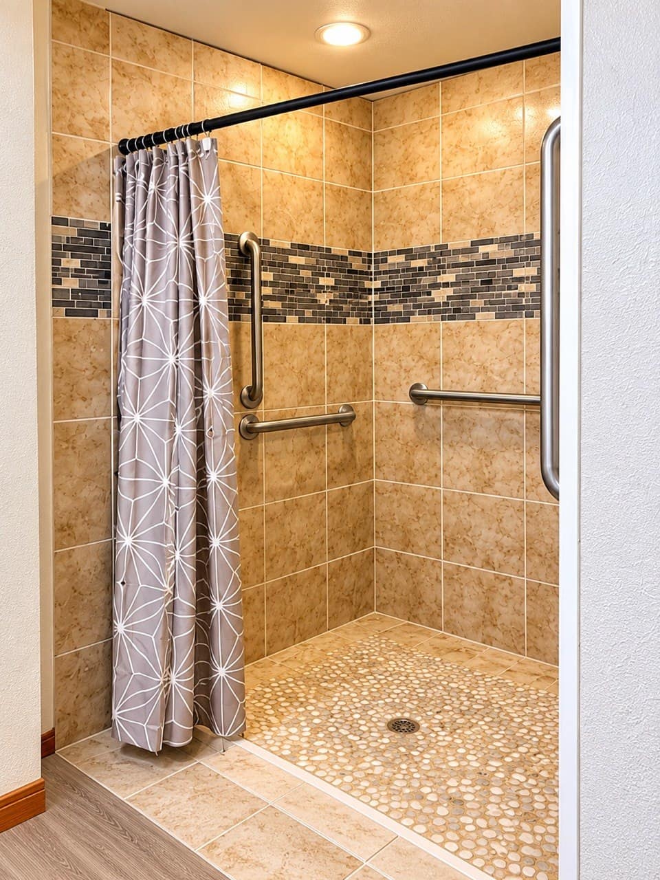 Accessible roll-in shower with grab bars